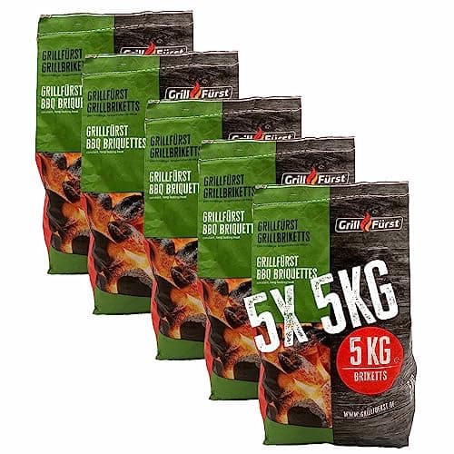 Grillfürst Grillbriketts 25 kg - nachhaltige Briketts in großer Stückelung und mit hohem Brennwert, saubere und effiziente Verbrennung, 5 x 5 kg Öko