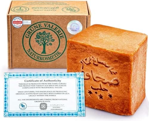 GRÜNE VALERIE® Original Aleppo Seife 200g+ 20% / 80% Lorbeeröl/Olivenöl | über 6 Jahre gereift | Feste Seife - Naturseife - Haarseife/Duschseife | PH Wert 8 | Handarbeit | DERMATEST:"Exzellent"