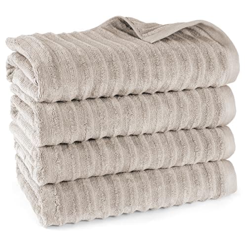 Pure Label Badetuch - 4er-Pack 70x140cm aus 100% Baumwolle - saugstark, schnelltrockend & weich - Duschtücher mit Anhängeschlaufe - Oeko-TEX Zertifiziert - Taupe