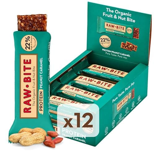 RAWBITE PROTEIN Riegel mit 22g Eiweiß I 12 Bio Proteinriegel in der Box I Reisprotein, Datteln, Erdnüsse, Salz & Karamelaroma I Vegan, glutenfrei, laktosefrei I enthält von Natur aus Zucker I 12 x 45g Bio Vegan