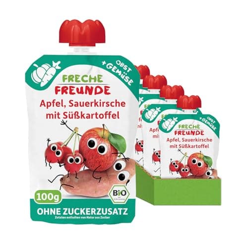FRECHE FREUNDE Bio Quetschie Apfel, Sauerkirsche mit Süßkartoffel, Fruchtmus mit Gemüse im Quetschbeutel für Babys ab dem 6. Monat, vegan, 6er Pack (6 x 100g) Bio Vegan
