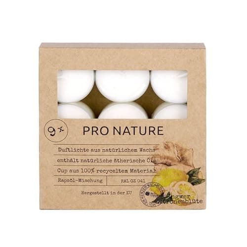 Müller Kerzen PRO NATURE Duftlichte mit Rapsöl - Ingwer & Zitronenblüte - 9er Pack - 6 Stunden Brenndauer - Teelichter aus Natürlichem Wachs - Hülle 100% recyceltes Material Öko