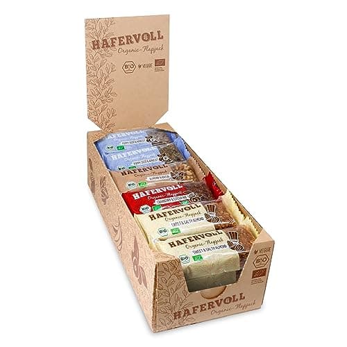 HAFERVOLL neue Organic Mixbox, 4 Flapjack-Sorten mit einer veganen Sorte, 18 x 60g Bio-Müsliriegel, Bio-zertifiziert, Almond & Raisin, Poppy Seed & Apricot, Sweet & Salty Almond, Cranberry & Cacoa Nib Bio Vegan