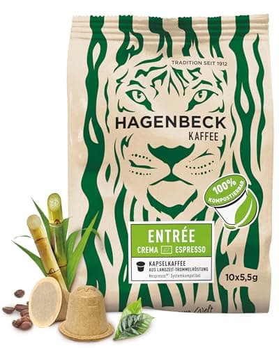 HAGENBECK ENTRÉE Crema Espresso 10 Stück | Biologisch abbaubare Kaffeekapseln | kompatibel mit Nespresso®*-Maschinen | Nachhaltig & Aluminiumfrei | 100% kompostierbare Bio-Bagasse-Kapseln