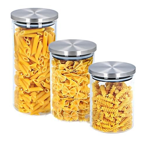 MURAGO - 3er Set Vorratsgläser mit Deckel aus Edelstahl - Vorratsdosen glas Vorratsbehälter luftdicht rund für Mehl Nudeln Müsli Candy Bar Kaffee Zucker