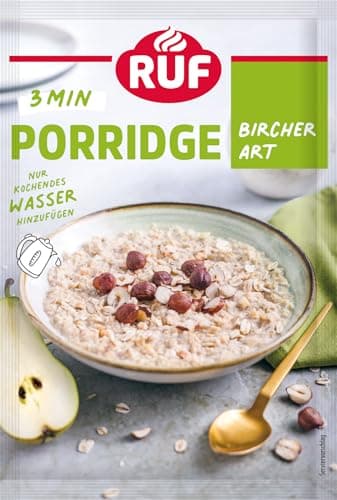 RUF Porridge Bircher Art, Instant Haferbrei mit feinen Haselnüssen und Apfel- und Birnenstückchen, gesundes und leckeres Frühstück, 1 x 65g Beutel Vegan
