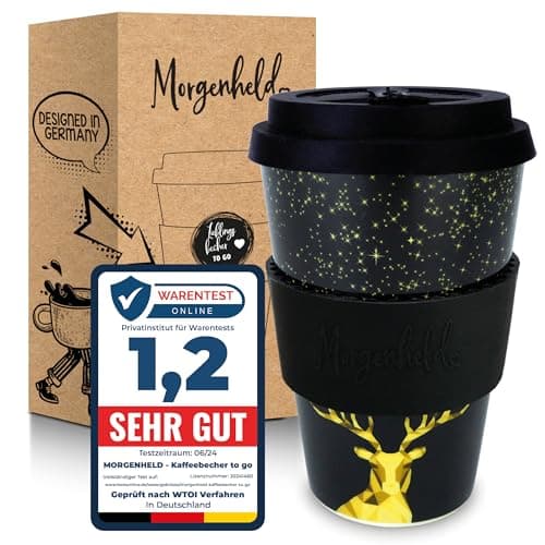 Morgenheld Coffee-to-go Becher "Deer" 380ml | Porzellan Kaffeebecher mit Silikondeckel, BPA-frei, nachhaltiger Trinkbecher mit Deckel, plastikfrei verpackt | Perfekt für Kaffee, Tee & unterwegs Öko