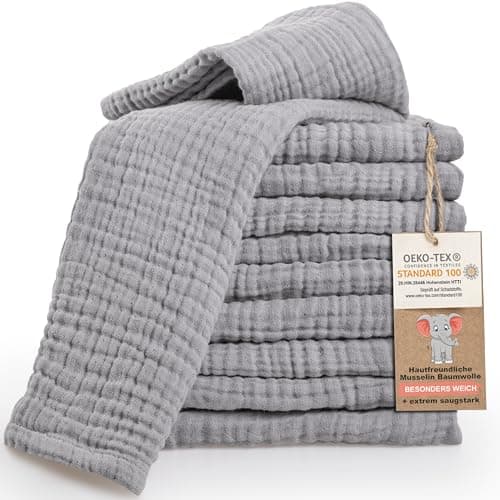 LAYNENBURG 10er-Set Premium Spucktücher Baby aus extra weichem Musselin - 100% Baumwolle - 30x50cm - Oeko Tex 100 - Musselin-tücher als Mulltücher, Mullwindeln oder Stoffwindeln (grau)