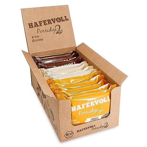 HAFERVOLL Porridge2go Mixbox, 3 Riegel: Sorten Erdnuss, Haselnuss und Mandel-Kokos, 13 x 55g Müsliriegel, Bio-zertifiziert, Vegan, ohne Zusatz von Zucker, mit Nussmus Bio Vegan