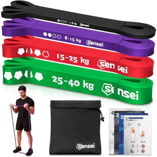 SENSEI® Widerstandsbänder Set – Fitnessbänder Gummibänder für Krafttraining & Klimmzughilfe – 4 Stücke 1-40 kg mit Übungsanleitung