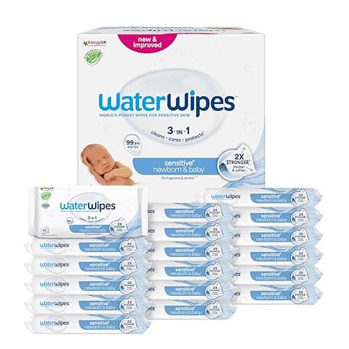 WaterWipes Sensitive+ Newborn & Baby Wipes, 1080 Stück (18 Packungen), 3-in-1-Reinigung, Pflege, Schutz, 99,9% Wasser, parfümfrei Vegan