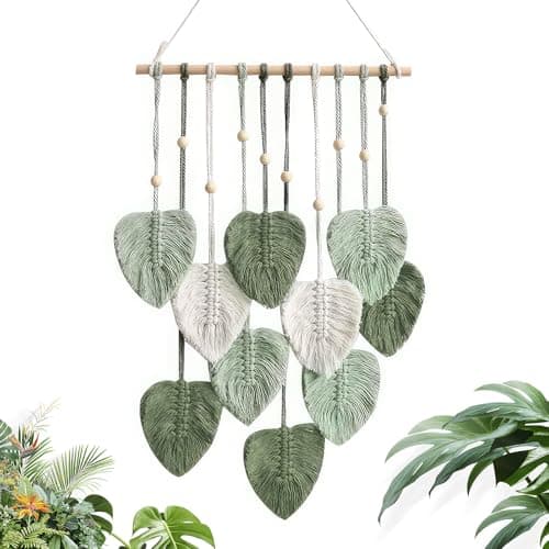 Comius Sharp Makramee Wandbehang Boho Deko, Tapisserie Wanddeko Boho, Makramee Blätter Wandteppich, Gewebte Blattquasten, für Schlafzimmer, Kinderzimmer, Wanddeko, 40 x 90 cm (Grün) Öko