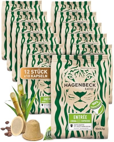 HAGENBECK ENTRÉE Crema Espresso 120 Stück | Biologisch abbaubare Kaffeekapseln | kompatibel mit Nespresso®*-Maschinen | Nachhaltig & Aluminiumfrei | 100% kompostierbare Bio-Bagasse-Kapseln