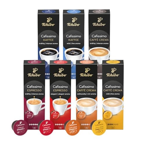 Tchibo Cafissimo Probierset verschiedene Sorten Caffè Crema, Espresso und Kaffee, 70 Stück (7x10 Kaffeekapseln), nachhaltig & fair gehandelt Öko
