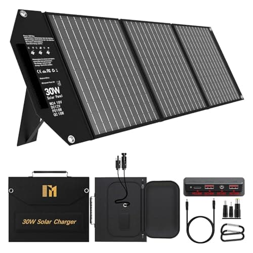 Mesuvida 30W Solar Ladegerät, Solarpanel Faltbar mit 5 Anschlüssen, 18V MC4 höhere Leistung /18V DC/QC 3.0 USB-A und USB-C(PD 18W), USB Solarpanel mit Ständern Tragbare Solarpanels für Camping
