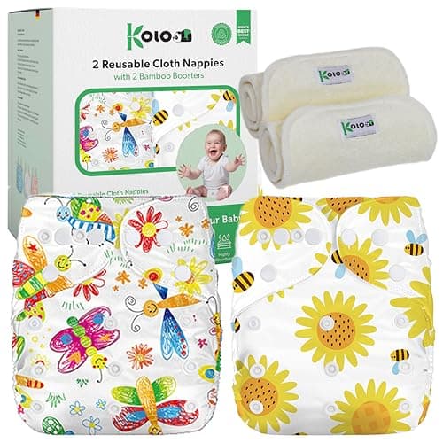 Kolo – 2 wiederverwendbare Windeln für Babys & Neugeborene + 2 Bambuseinlagen | Waschbare, einstellbare Stoffwindeln, unisex | 100 % umweltfreundlich | Design Bee&Butterfly Öko