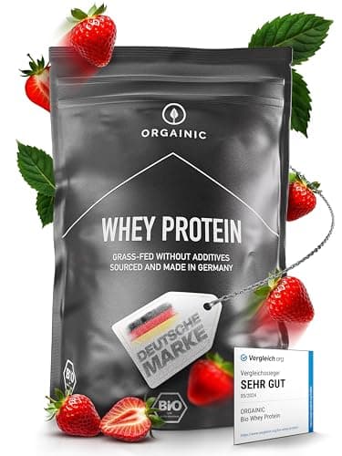 ORGAINIC Bio Erdbeere Whey Protein - Bio Zertifiziert ohne Zusatzstoffe - Eiweißpulver aus Deutschland - Grasfütterung - 1000g Bio Öko