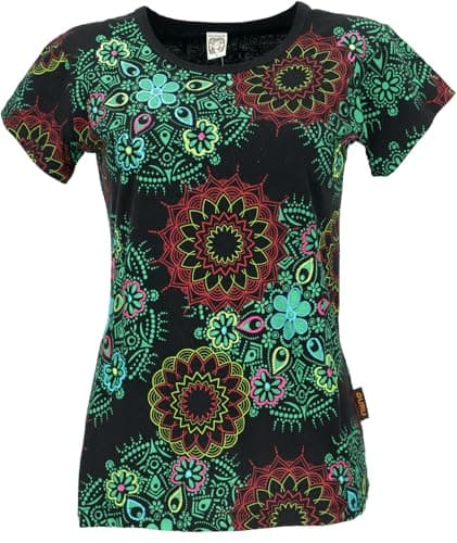 GURU SHOP Boho T-Shirt mit Mandaladruck, Bedrucktes Baumwoll T-Shirt, Yoga T-Shirt - Schwarz/grün, Damen, Baumwolle, Size:M