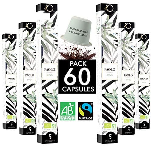 Nespresso Kapseln Kompatibel | BIO FAIRTRADE Arabica Kaffee in Kapseln Biologisch abbaubar | PAOLO Sortenreiner Kaffee Brasilien, 60 Kaffeekapseln | Traditionelle Röstung Bio Öko Vegan