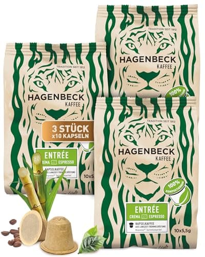 HAGENBECK ENTRÉE Crema Espresso 30 Stück | Biologisch abbaubare Kaffeekapseln | kompatibel mit Nespresso®*-Maschinen | Nachhaltig & Aluminiumfrei | 100% kompostierbare Bio-Bagasse-Kapseln Bio Öko