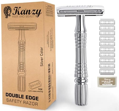 Kanzy Rasierhobel Herren und Damen mit 10 Klingen Edelstahl, Nassrasierer Sicherheitsrasierer arbeitet mit allen Doppelkante Rasierer Klingen Safety Razor Set