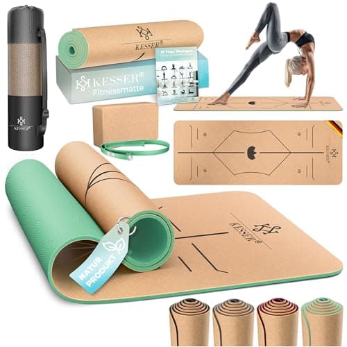KESSER® Yogamatte Kork Inkl. Tragegurt Tasche & Yoga-Block Gymnastikmatte Matte rutschfest aus Naturkautschuk TPE Fitnessmatte, 183 x 62 Trainingsmatte für Fitness Sportmatte, Gymnastik extradick Bio