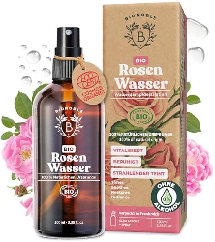 Bionoble Rosenwasser Bio 100ml - Hydrolat aus Damaszener-Rosen 100% Rein und Natürlich - Gesicht, Augenpartie, Körper, Haare - Rose Water - Glasflasche + Spray Bio Vegan