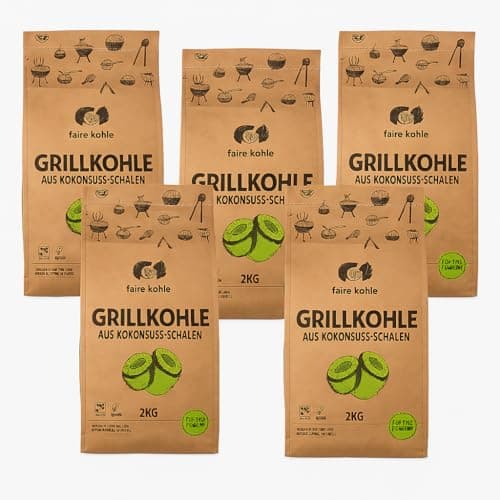 Faire Kohle – 10kg (5 x 2 kg) Premium Kokos Grillbriketts | Nachhaltige Grillkohle aus 100% Kokosnussschalen | Lange Brenndauer, raucharm & umweltfreundlich | Fair produziert Öko