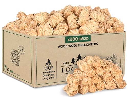 Log Barn Natürliche Anzündwolle - 200 Stück, Öko Anzünder Holzwolle für Holzöfen, Pizzaöfen, offene Feuer, Kaminanzünder und Grillanzünder - Echtes Log Barn Anfeuerholz (200 PC) Öko