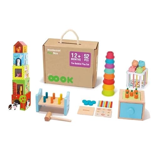 Generisch Montessori Box Spielset für Babys ab 1 Jahr | Motorik & Denkspielzeug aus Holz | Stapelwürfel & Lernspielzeug FSC® | Geschenk Geburtstag Mädchen & Junge | Nachhaltig & Pädagogisch Öko