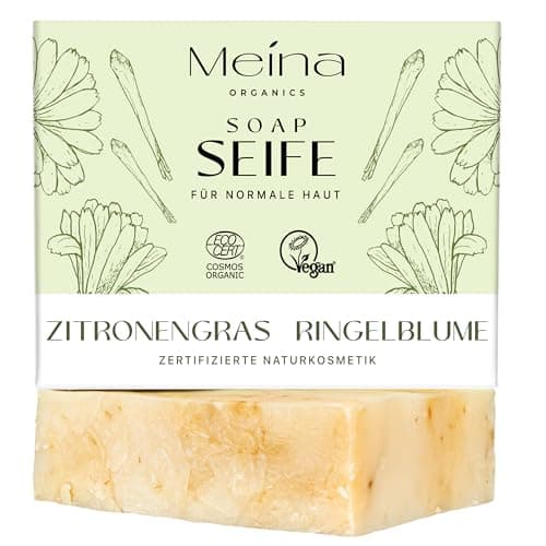 Meina Naturkosmetik - Naturseife mit Zitronengras, Kurkuma und Ringelblume, Bio Seife ohne Palmöl, Zertifiziert, Vegan, Nachhaltig, Handgemacht, Wie ein festes Duschgel - 100g