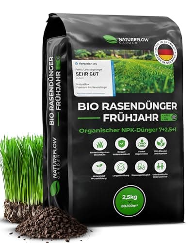 Bio Rasendünger Frühjahr & Sommer TESTSIEGER Made in Germany – 2,5kg für 100qm - Organischer Rasendünger Bio für gesunden Boden & sattgrünen Rasen - Dünger Rasen, Frühjahrsdünger Rasen Bio Öko Vegan