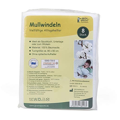 GRÜNSPECHT Mullwindeln 80x80cm aus 100 % Baumwolle, Spucktücher, ohne optische Aufheller, hautfreundlich & saugstark, 8 Stück, weiß (598-00) Öko