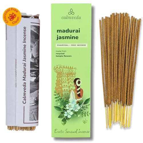 Calmveda Räucherstäbchen Jasmin weihrauch Bio - (80 weihrauch) Räucherstäbchen Set ohne Kohle, hergestellt aus Upcycled-Blumen | Reichhaltiges, dekadentes Grün, fruchtig und dennoch cremig-blumig Bio Öko