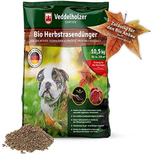 Veddelholzer Bio NPK 7+3+12 Herbstrasendünger mit Langzeit-Wirkung nachhaltiger organischer Rasendünger zur Überwinterung für frostbeständigen Rasen verdrängt Moos & Unkraut 10,5 kg für 250 m² Bio Öko