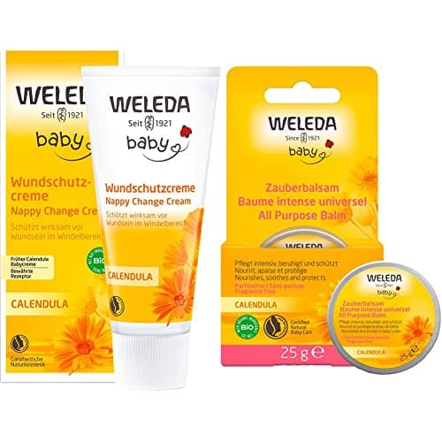 WELEDA Bio Baby Calendula Wundschutzcreme 75ml & Bio Baby Calendula Zauberbalsam - Naturkosmetik Universal Balsam für Gesicht & Körper zur Pflege & Beruhigung trockener Haut und Lippen. (1x 25g) Bio Vegan