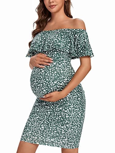 Shen&Qege Umstandskleid Lässig mit Schulterfreiheit, Rüschen, ärmellos, Bodycon, Umstandsmode Sommer