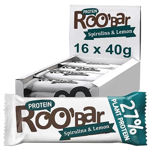Roobar Protein Spirulina & Zitrone - 100% Bio, Vegan Proteinriegel, milchfrei & glutenfrei – 16 x 40g Protein-Riegel in einer Box Bio Vegan