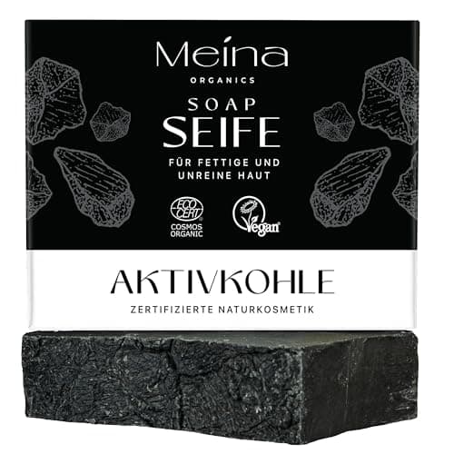 Meina Schwarze Seife mit Aktivkohle gegen Pickel und Akne, 100% Natürlich, Naturseife für fettige und unreine Haut ohne Palmöl, Bio Zertifiziert, Vegan, Nachhaltig, Handgemacht, 100g