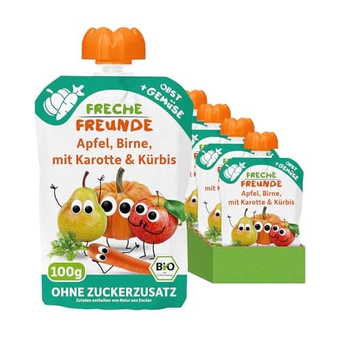 FRECHE FREUNDE Bio Quetschie Apfel, Birne, Karotte & Kürbis, Fruchtmus mit Gemüse im Quetschbeutel für Babys ab dem 6. Monat, vegan, 6er Pack (6 x 100g) Bio Vegan