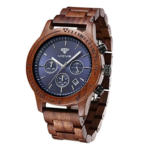 VICVS Herren Natur Hölzerne Uhr Multifunktionale Quartz Analog Armbanduhr mit Kalender Anzeige Chronograph-Funktion Hölzerne Armband für Männer (Sandalwood)