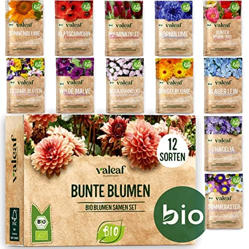 valeaf BIO Blumen Samen Set I 12 Sorten Blumensamen I Premium Samen Blumen I Pflanzensamen Set mit Wildblumensamen I Saatgut Blumen I Blumensaat I Blumen Samen Balkon I ideales Blumensamen Geschenk Bio