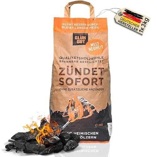 Premium Grill Holzkohle - inkl. biobasierter Anzündbeschichtung - aus Eiche & Buche - Glühgut Grillkohle für Kohle Grills | 3Kg Bio Öko