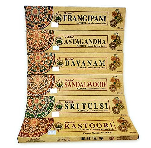 GOLOKA Masala Bio Natürliches Räucherstäbchen-Sortiment | Aromatherapie mit Natürlichem Weihrauch | Box 6 Pakete von 15 gr. | Verschiedene Düfte - Große Dauer - Zartes Aroma Bio Öko