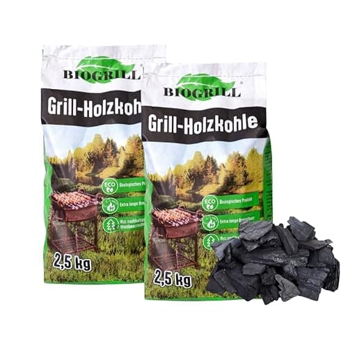 BIOGRILL Grill Holzkohle 5 kg (2 Packungen je 2,5 kg) aus Buche/Eiche/Esche – BBQ Kohle für Holzkohlegrill, Steakhouse – Premium Qualität, Hartholz Grillkohle für Perfektes Grill, Extra Lange Glut Bio