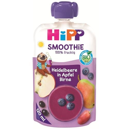 HiPP Smoothie Mix im Quetschbeutel, Heidelbeere in Apfel-Birne, 100% Bio-Früchte ohne Zuckerzusatz, 6 x 120 ml Beutel Bio Öko